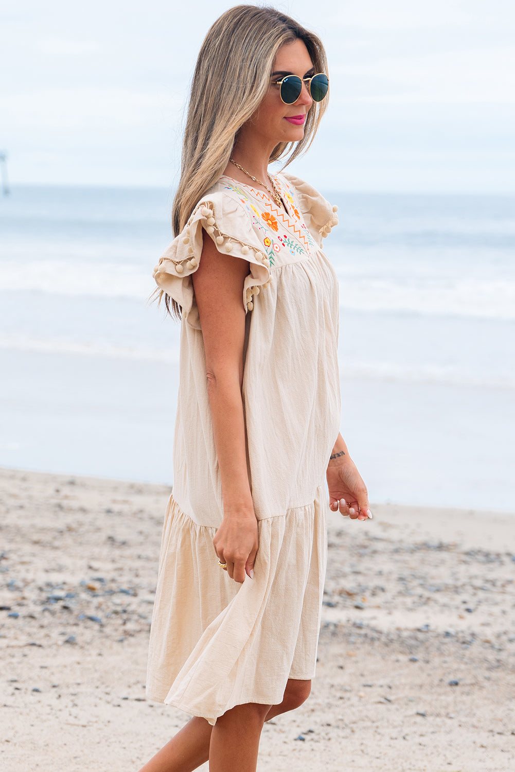 Embroidery Split Neck Pom Pom Ruffle Sleeves Flowy Mini Dress