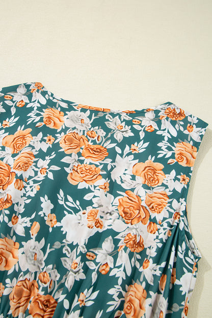 Women's Green Floral V Neck Sleeveless Summer Midi Dress