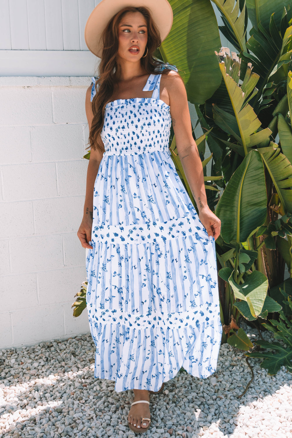 Women's Sky Blue Floral Tied Straps Summer Maxi Dress