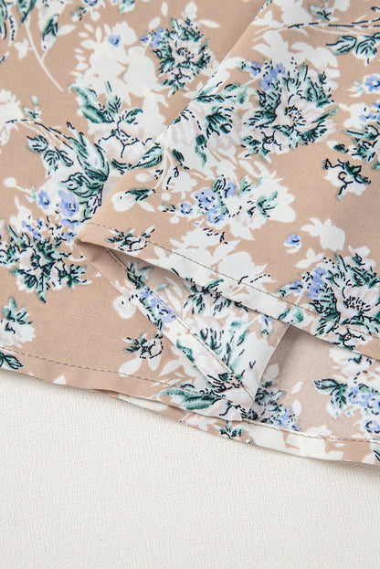 Women's Beige Floral Puff Sleeve Summer Midi Dress