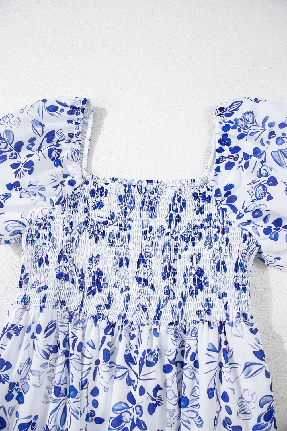 Women's Blue Floral Square Neck Bubble Sleeve Summer Maxi Dress