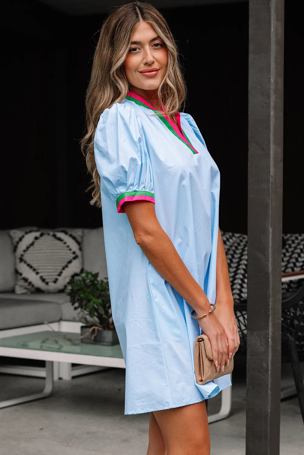Sky Blue Cotton Puff Sleeve Mini Dress with Colourblock Trim