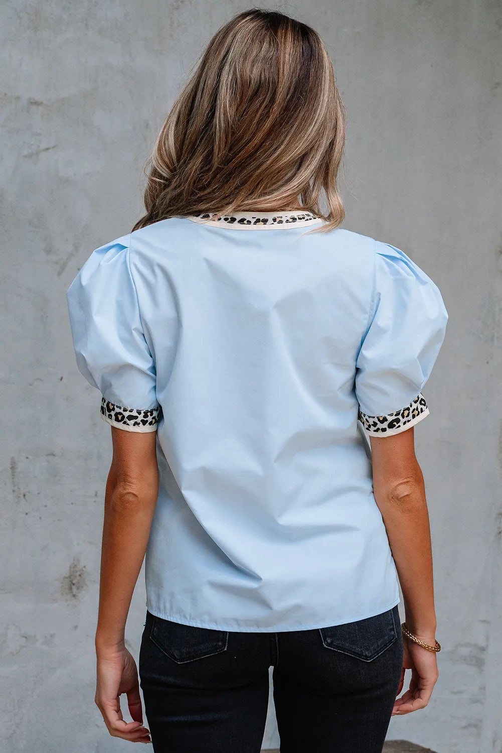 Sky Charm Puff Sleeve Blouse with Leopard Trim
