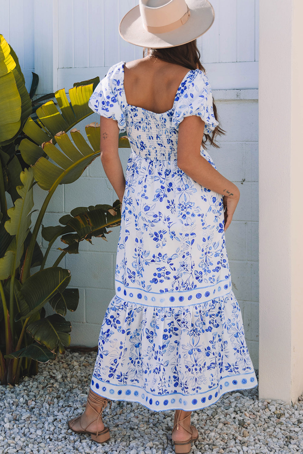 Women's Blue Floral Square Neck Bubble Sleeve Summer Maxi Dress