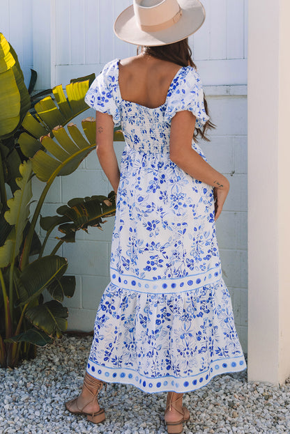 Women's Blue Floral Square Neck Bubble Sleeve Summer Maxi Dress