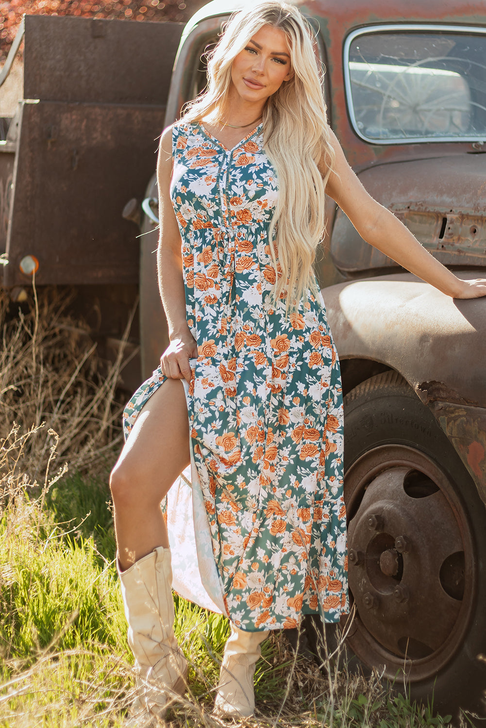 Women's Green Floral V Neck Sleeveless Summer Midi Dress