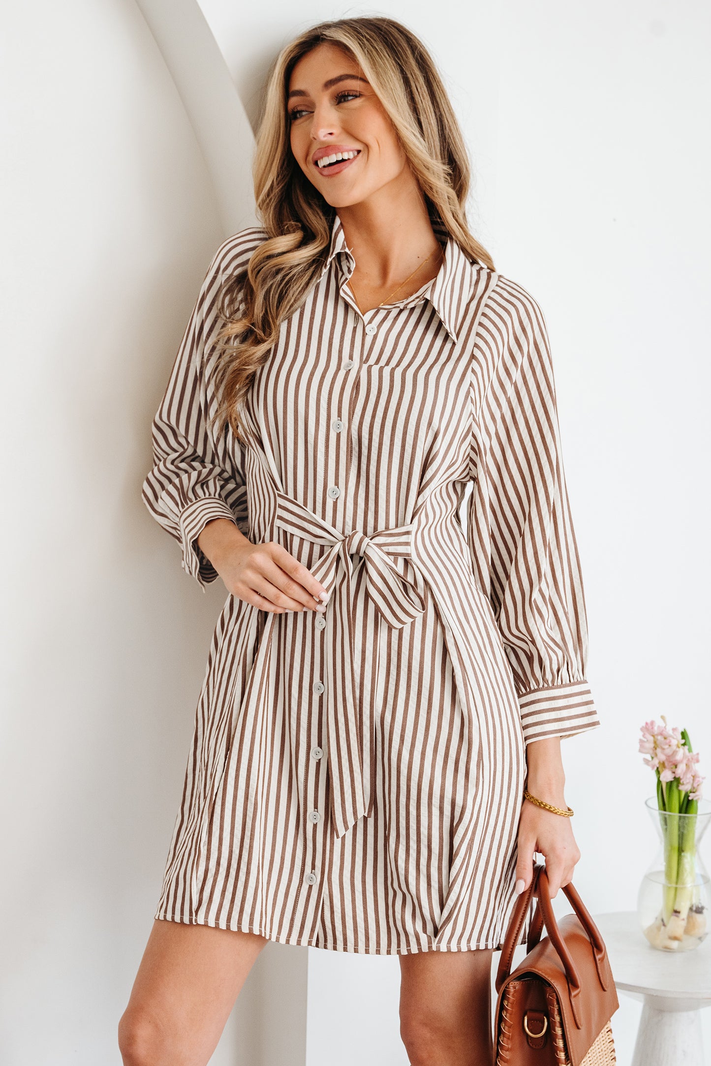 Women's Brown Stripe Puff Sleeve Summer Mini Dress