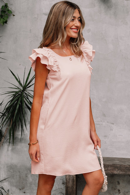 Women's Light Pink Textured Flutter Sleeve Summer Mini Dress