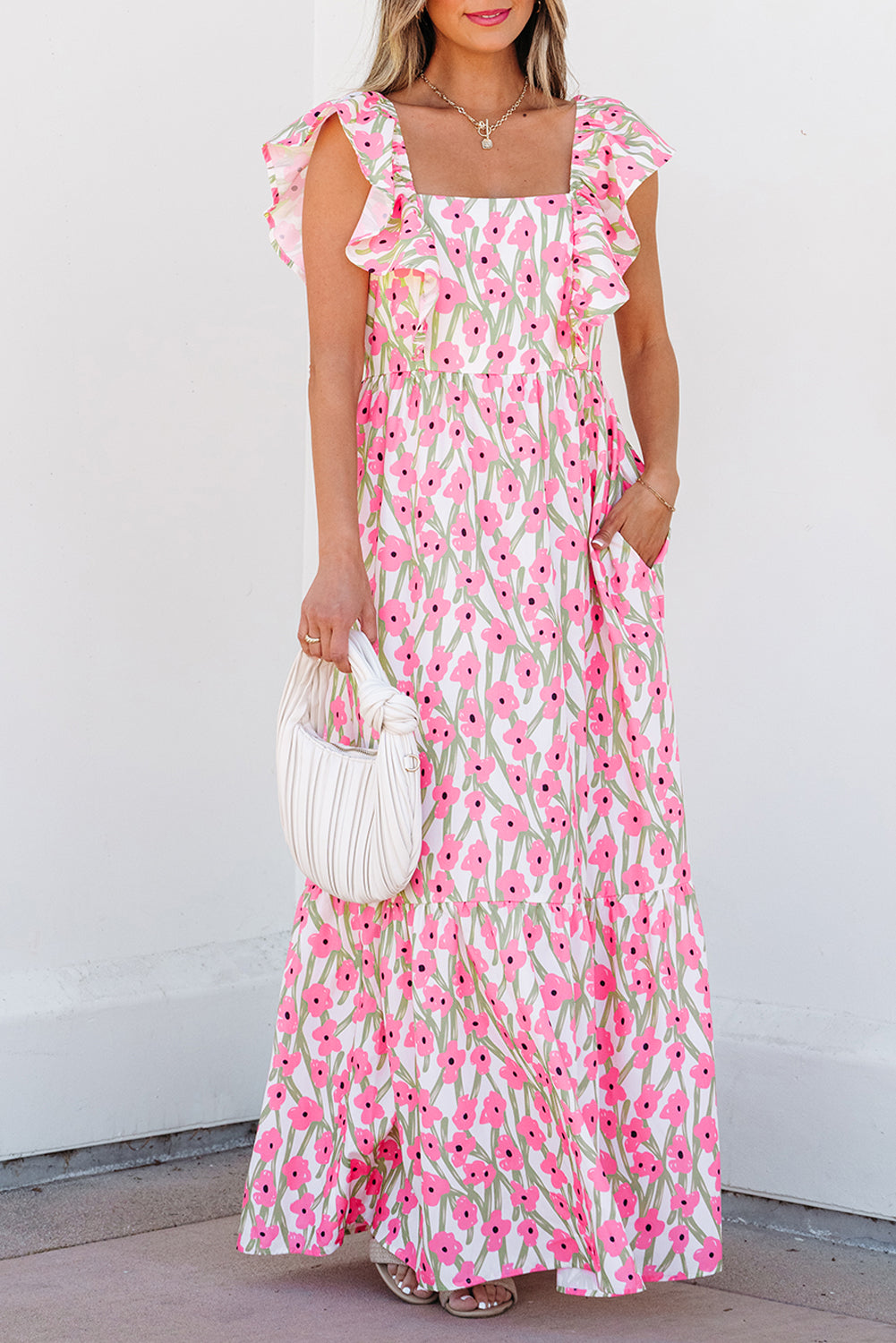 Women's Pink Floral Square Neck Summer Maxi Dress