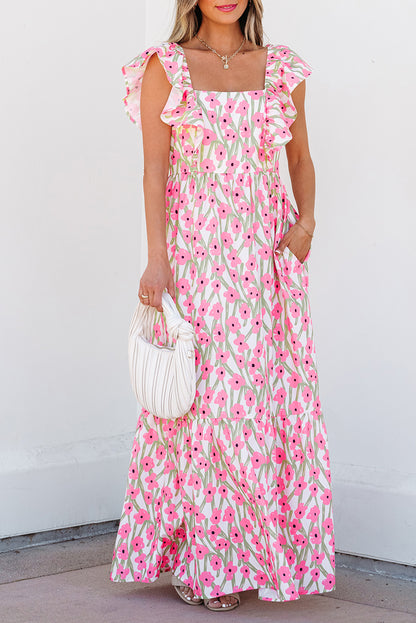 Women's Pink Floral Square Neck Summer Maxi Dress