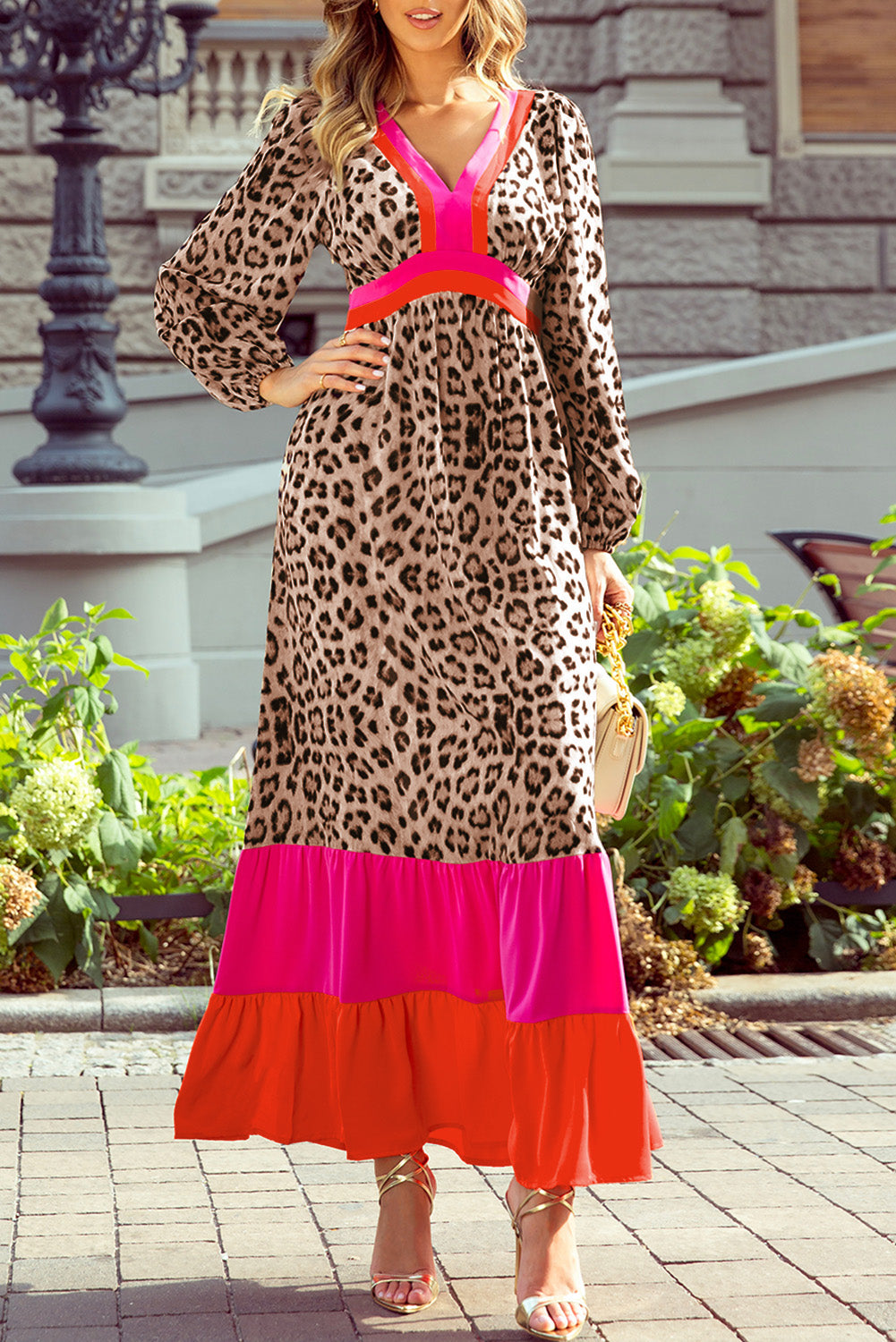 Women's Brown V Neck Loose Fit Summer Maxi Dress