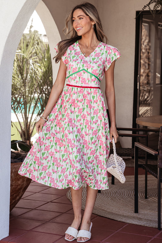 Women's Pink Floral V Neck Short Sleeve Summer Midi Dress