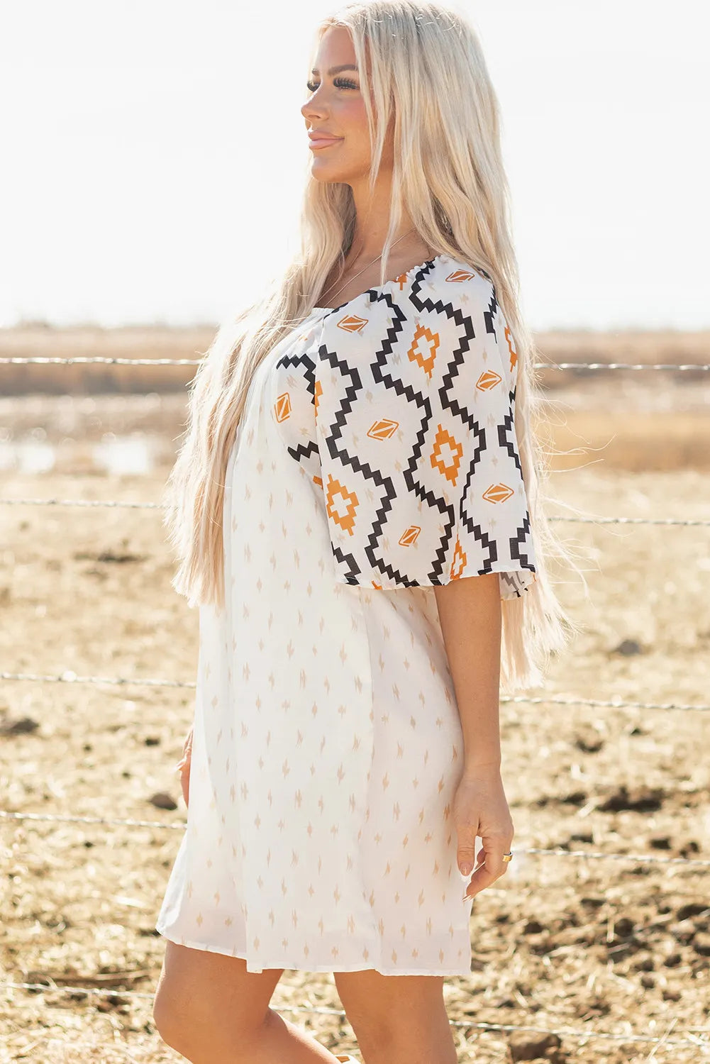 Beige Aztec Print Square Neck Mini Dress