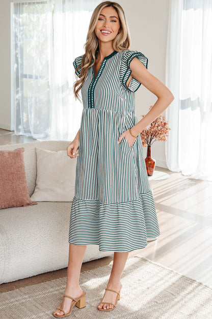 Women's Green Stripe Short Sleeve Summer Midi Dress