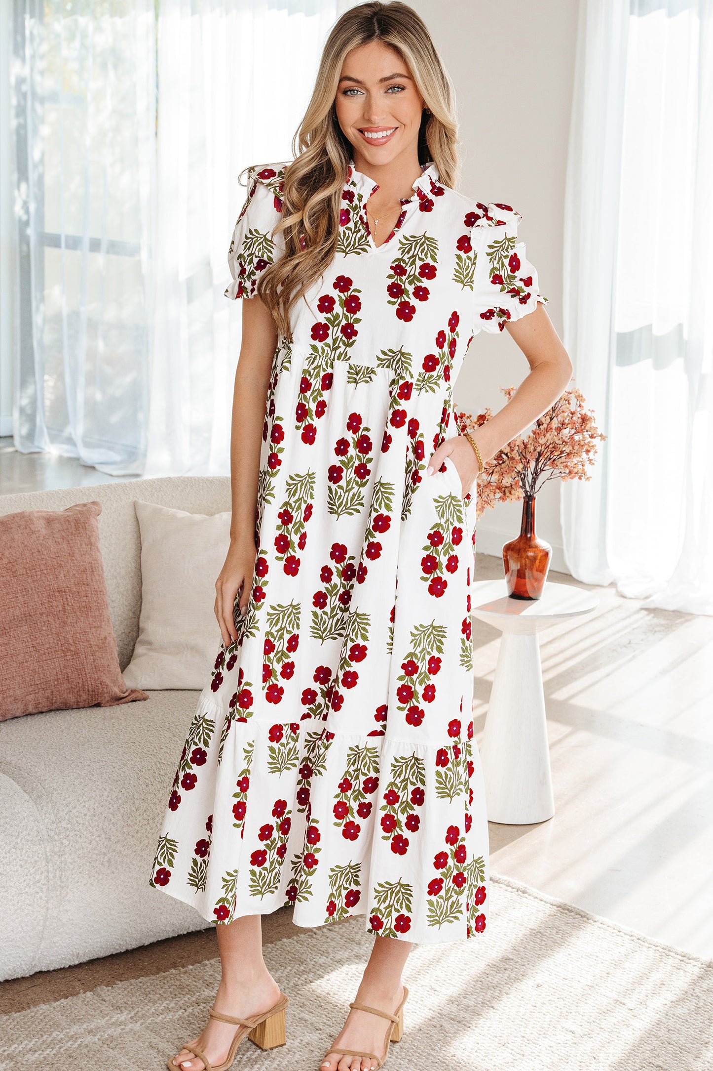 Women's Beige Floral Short Bubble Sleeve Tiered Maxi Dress