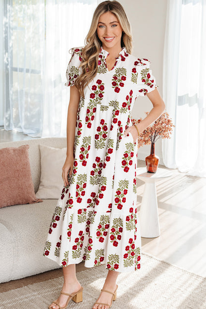 Women's Beige Floral Short Bubble Sleeve Tiered Maxi Dress