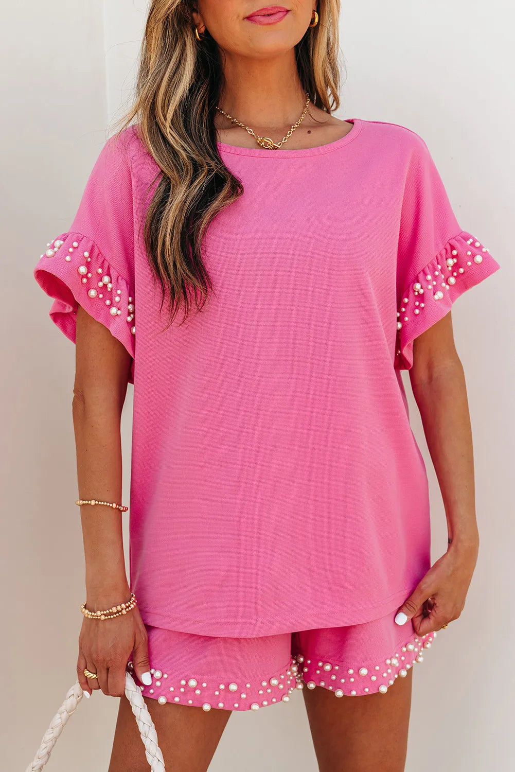 Bright Pink Textured Co-ord Set with Pearled Ruffle Sleeves and Shorts