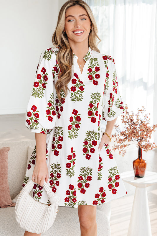 Women's White Floral V Neck Summer Mini Dress