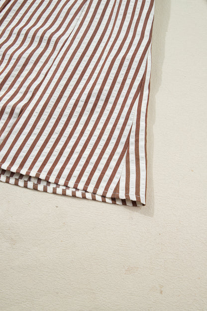 Women's Brown Stripe Puff Sleeve Summer Mini Dress