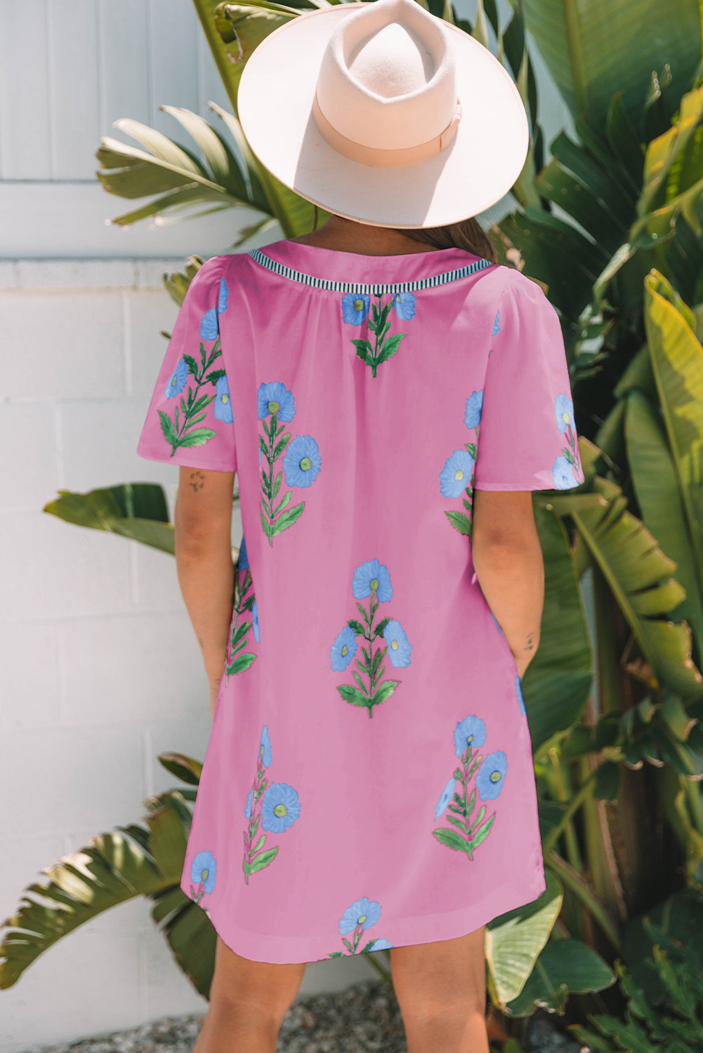 Women's Pink Floral Short Sleeve Split Neck Loose Summer Mini Dress