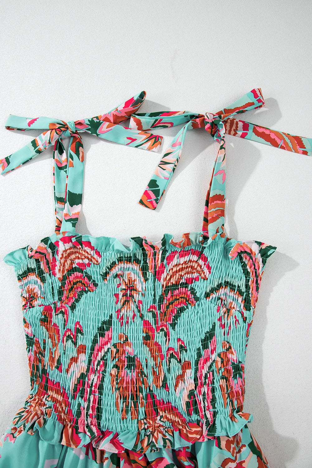 Green Abstract Smocked Maxi Dress with Knotted Straps