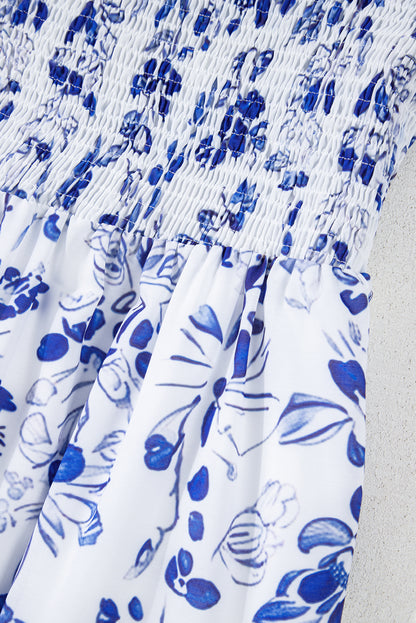 Women's Blue Floral Square Neck Bubble Sleeve Summer Maxi Dress