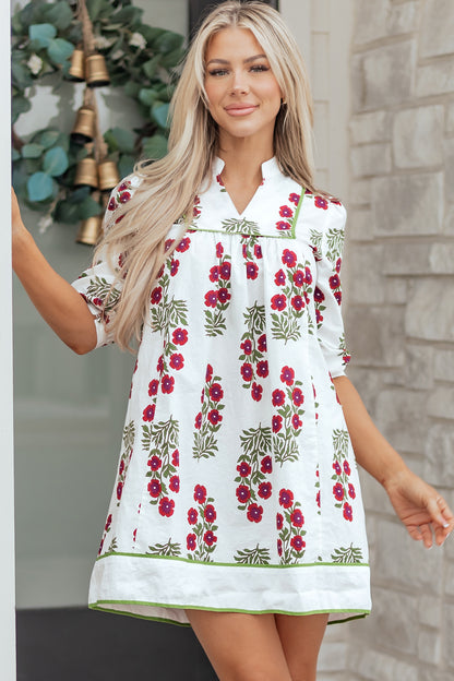 Women's White Floral V Neck Summer Mini Dress