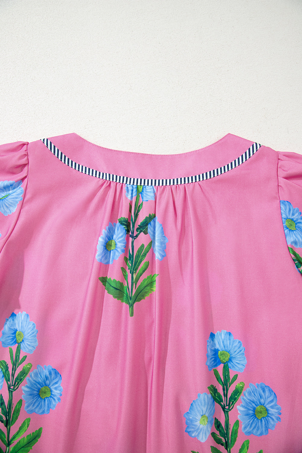 Women's Pink Floral Short Sleeve Split Neck Loose Summer Mini Dress