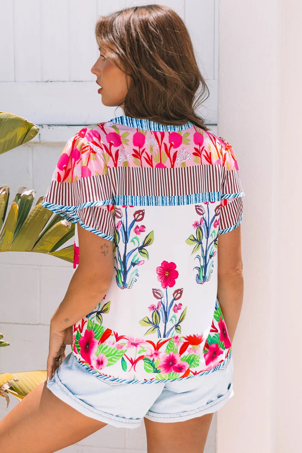 Sunscape Patchwork Floral Short Sleeve Blouse