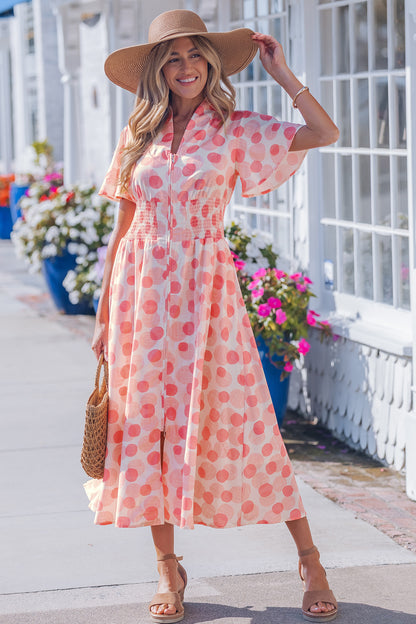 Women's Pink Polka Dot Ruffle Sleeve Summer Midi Dress
