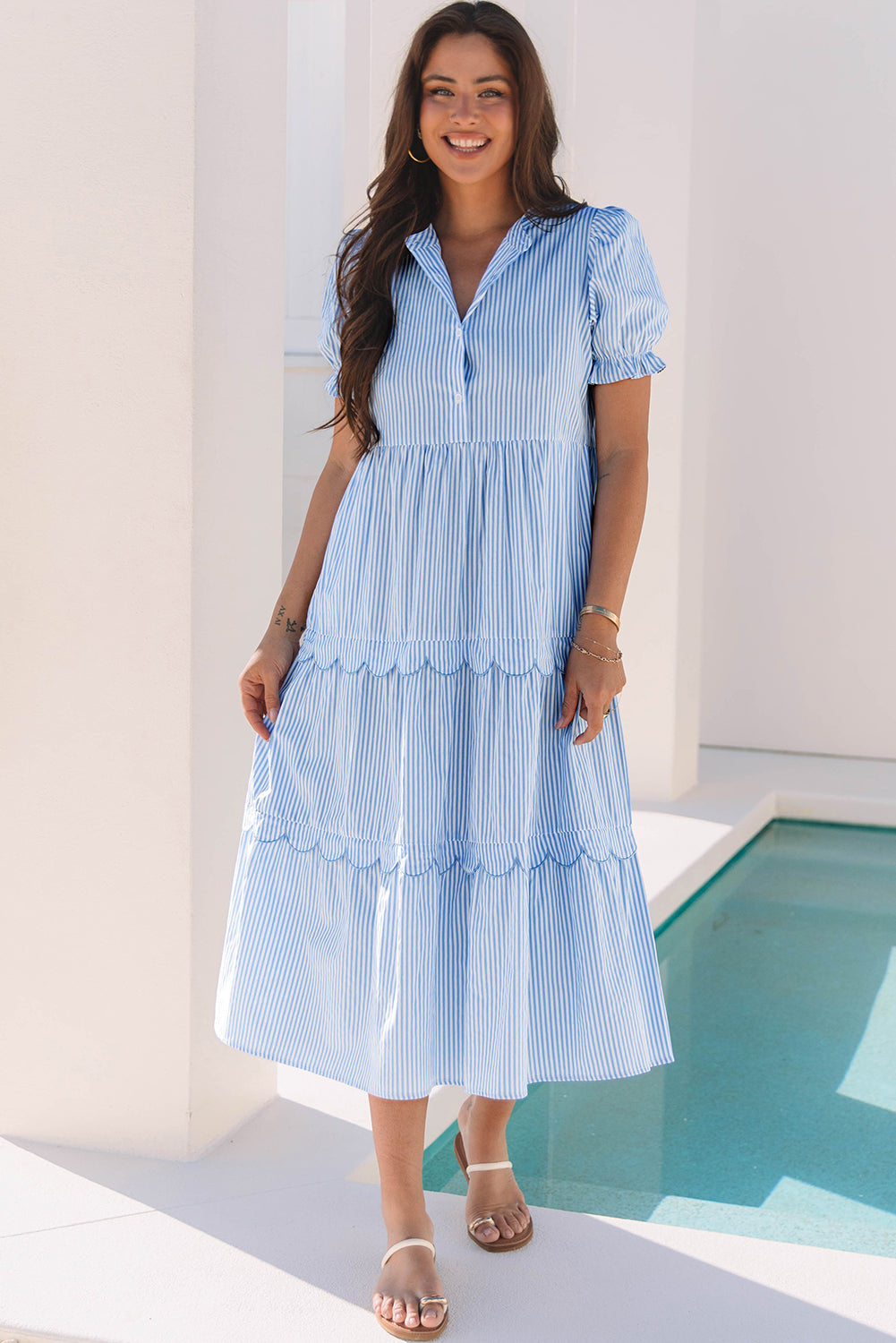 Women's Blue Stripe Bubble Short Sleeve Summer Midi Dress