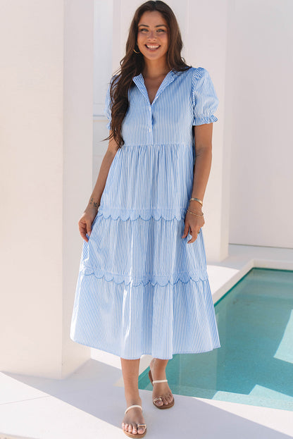 Women's Blue Stripe Bubble Short Sleeve Summer Midi Dress