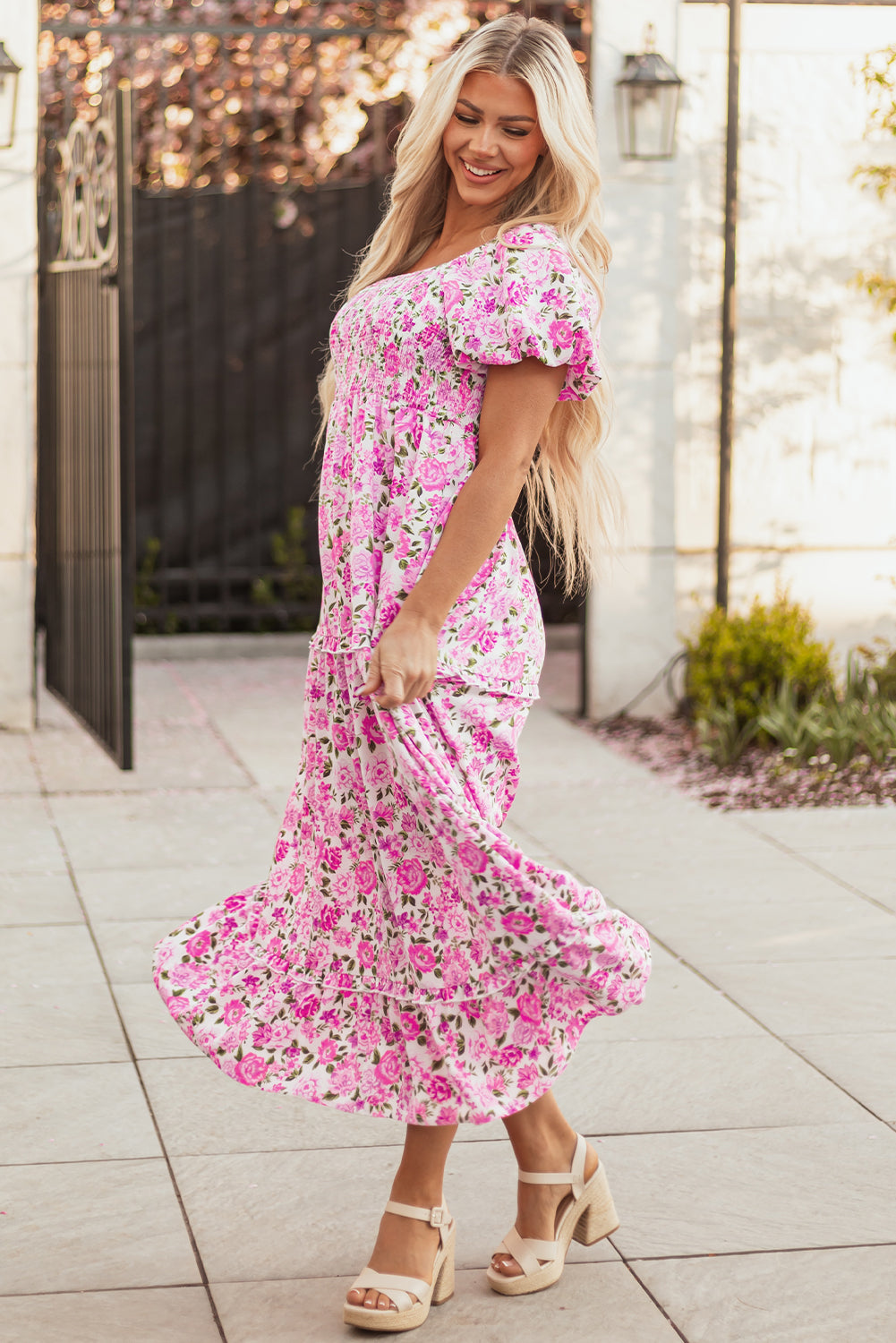 Women's Pink Floral Puff Sleeve Summer Midi Dress