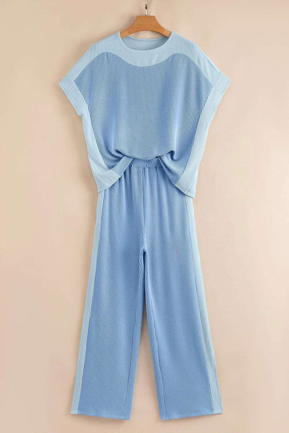 Ribbed Colourblock Co-ord Set with Wide-Leg Trousers