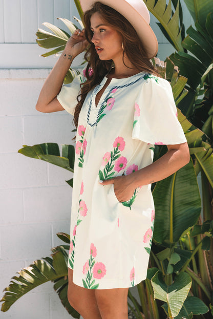 Women's White Floral Short Sleeve Split Neck Loose Summer Mini Dress