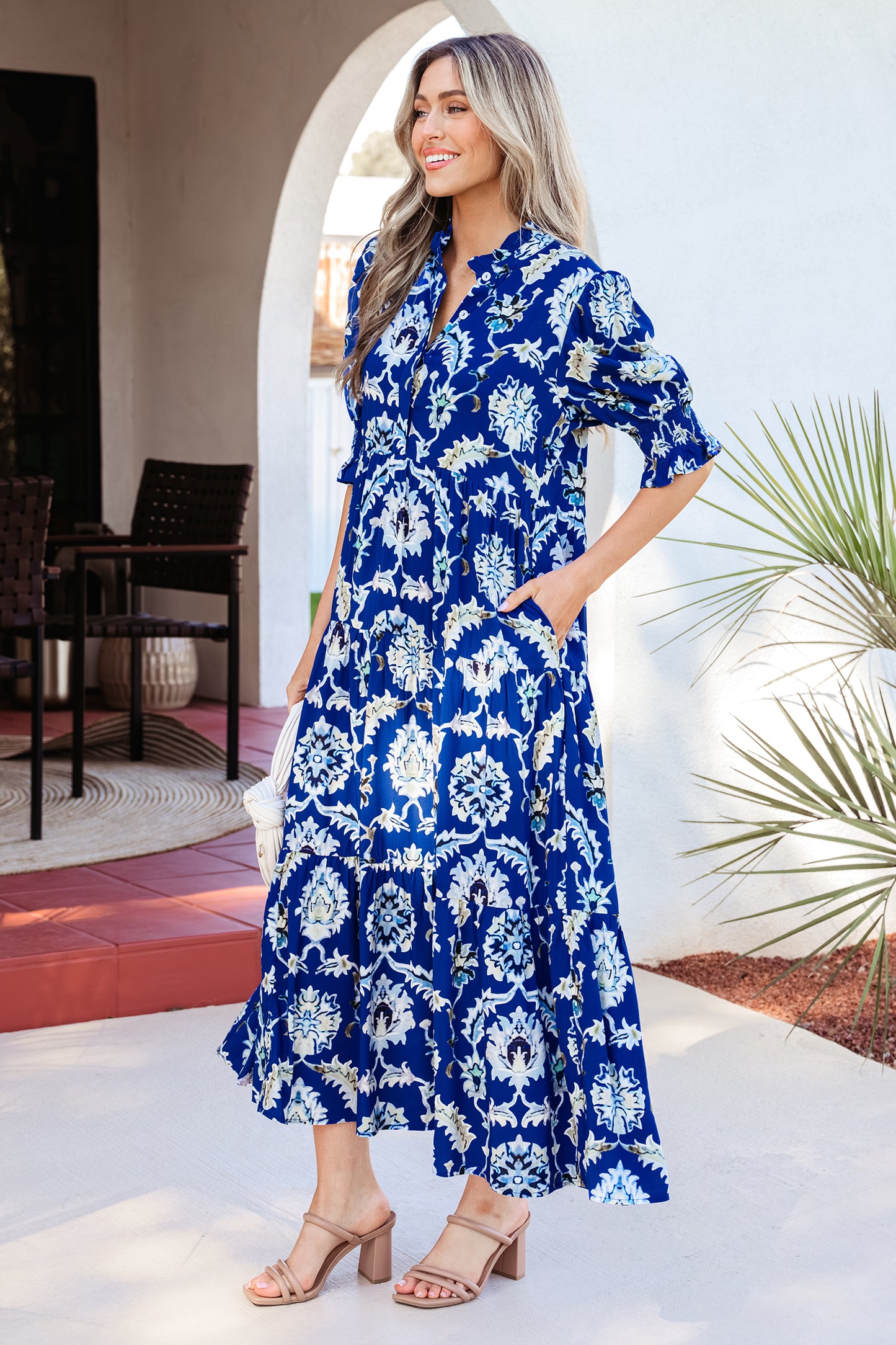 Women's Blue Floral Half Sleeve Summer Maxi Dress