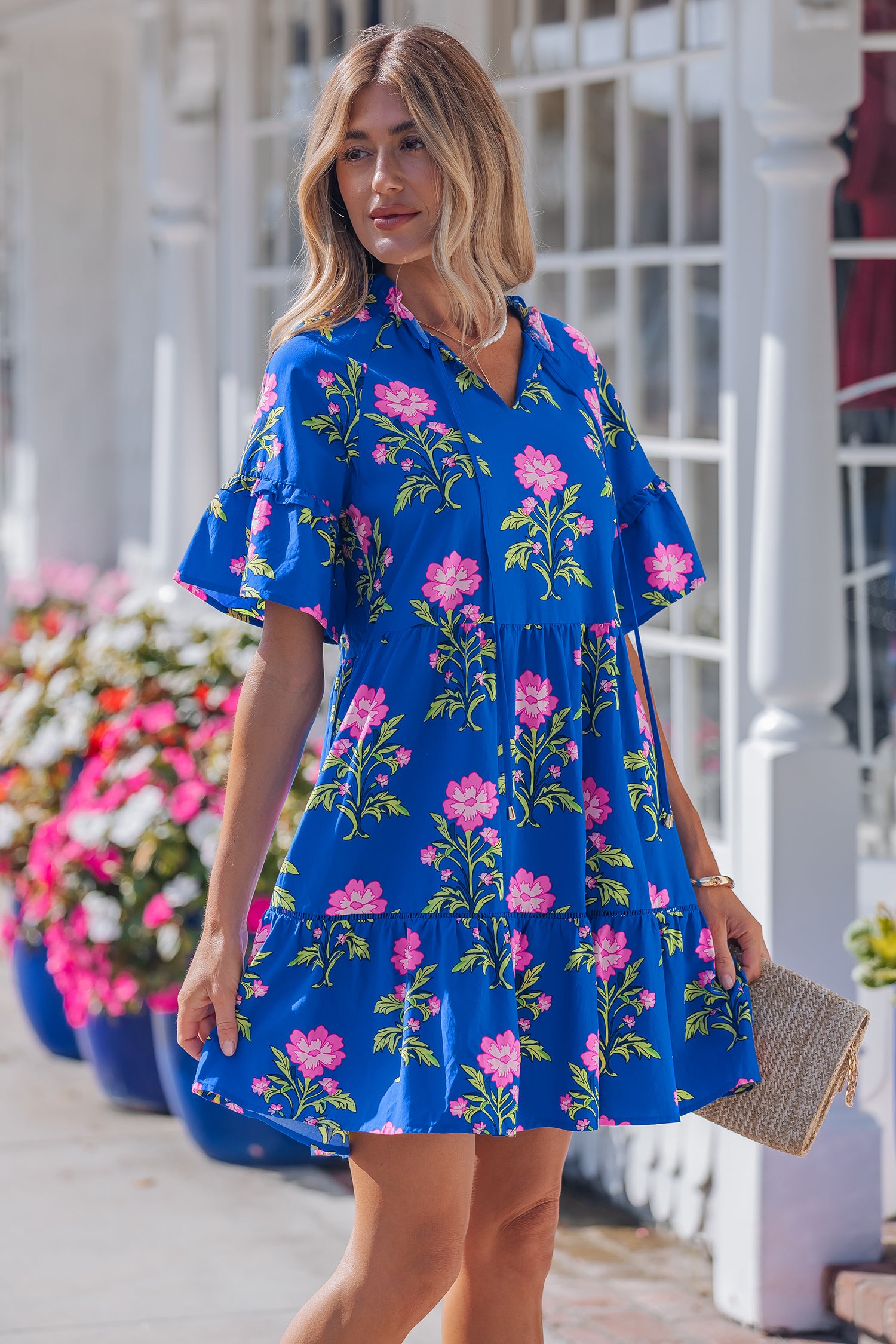 Blue Floral V-Neck Cotton Mini Dress for Women