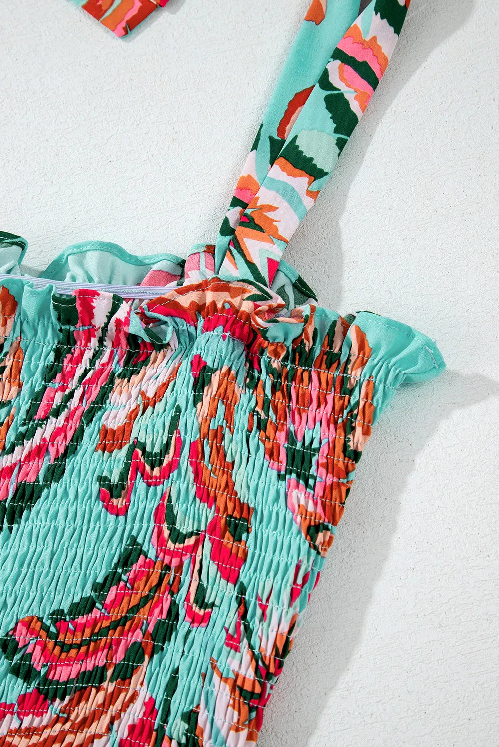 Green Abstract Smocked Maxi Dress with Knotted Straps