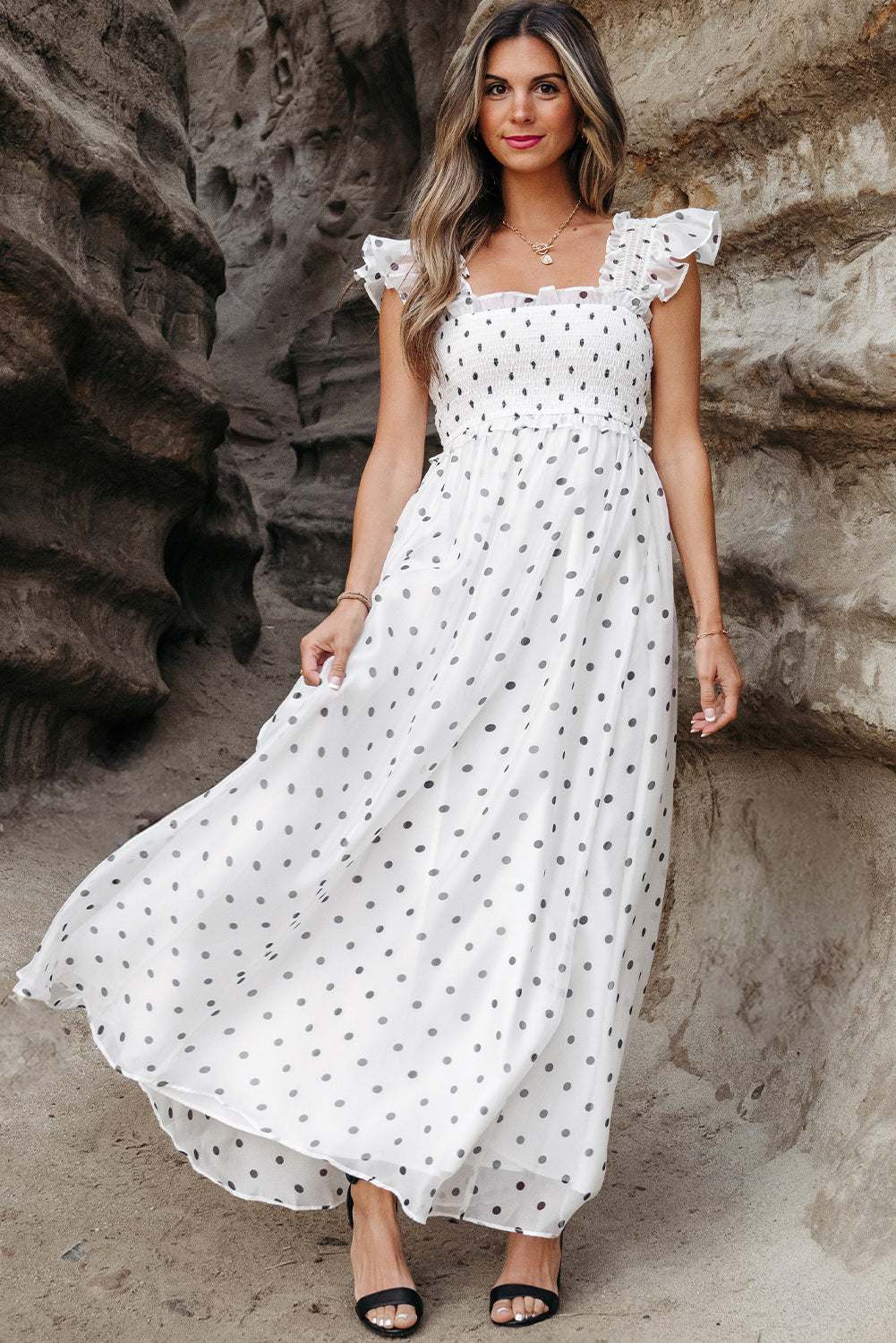 Women's White Polka Dot Flutter Sleeve Square Neck Summer Maxi Dress