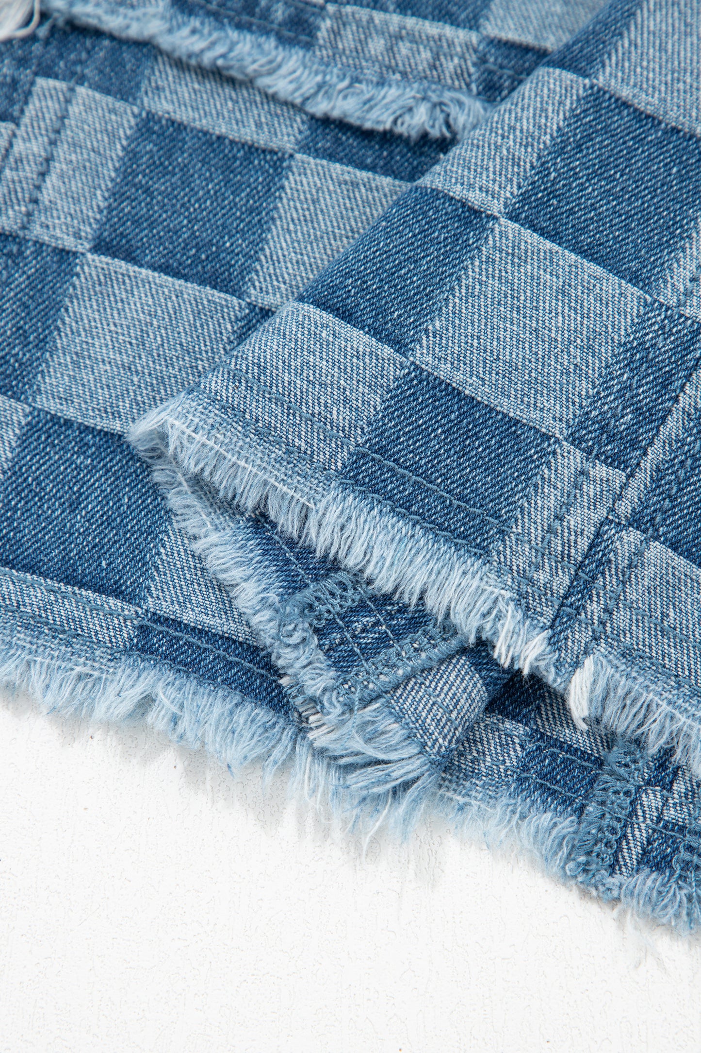 Women's Blue Frayed Hem Checkered Denim Summer Mini Dress