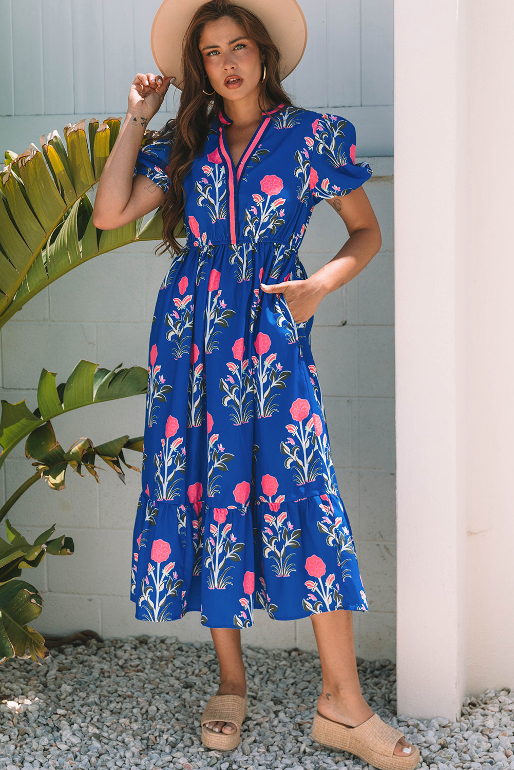 Women's Blue Floral Puff Short Sleeve V Neck Summer Midi Dress