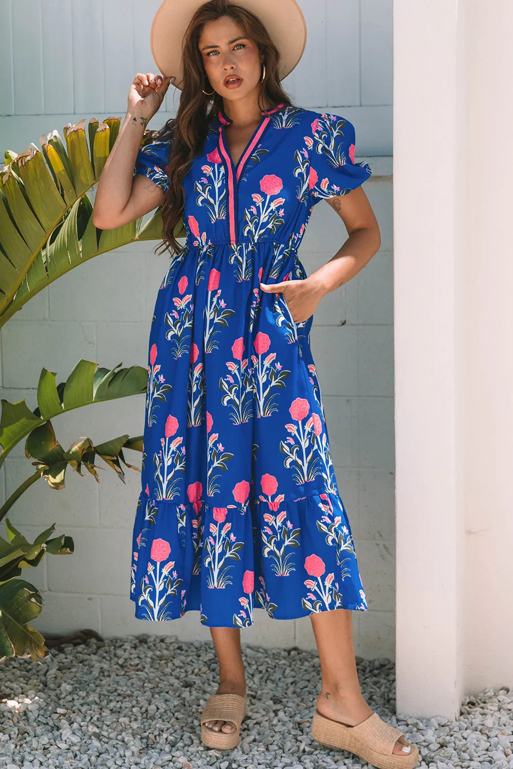 Floral Puff Sleeve Maxi Dress with Pockets