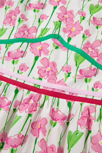 Women's Pink Floral V Neck Short Sleeve Summer Midi Dress