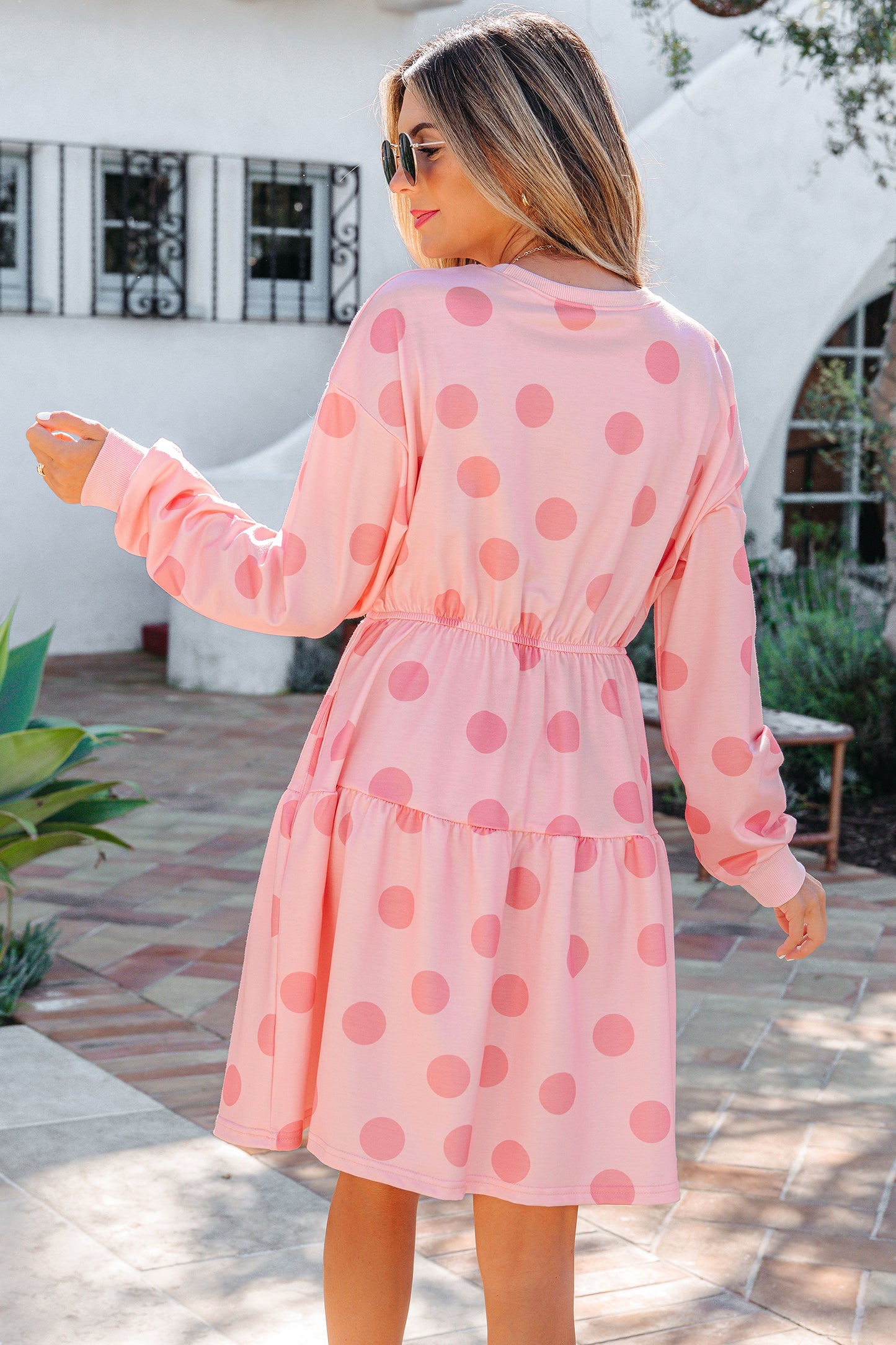 Women's Pink Polka Dot Long Sleeve Summer Mini Dress