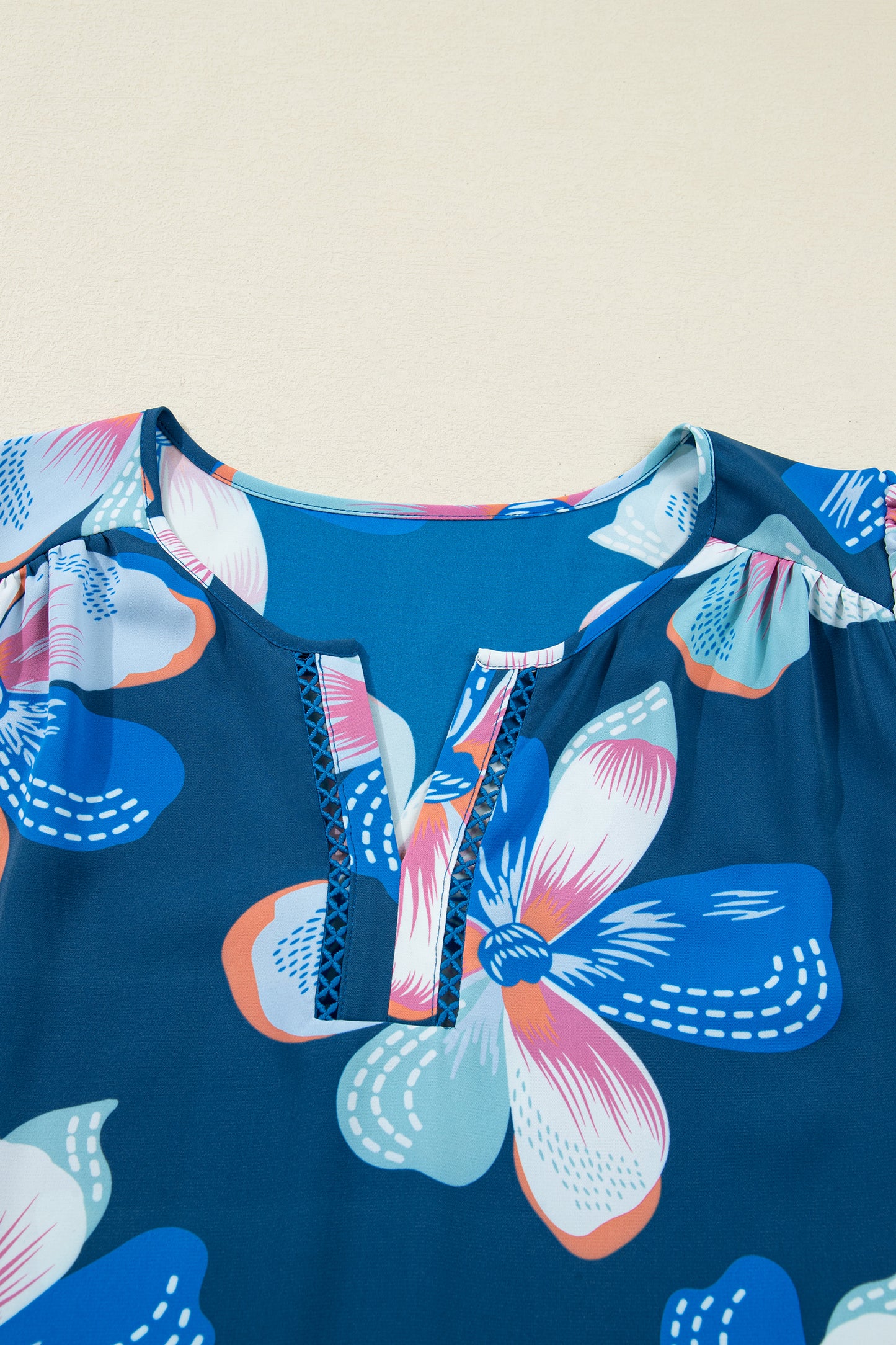 Women's Blue Floral Short Puff Sleeve Summer Midi Dress