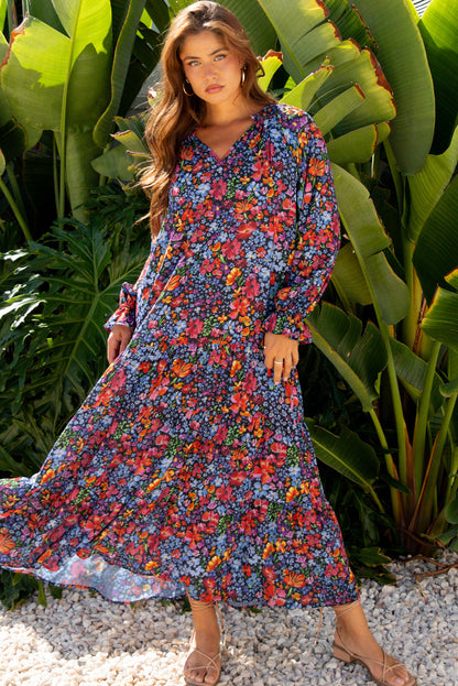 Women's Blue Floral V Neck Long Sleeve Summer Midi Dress