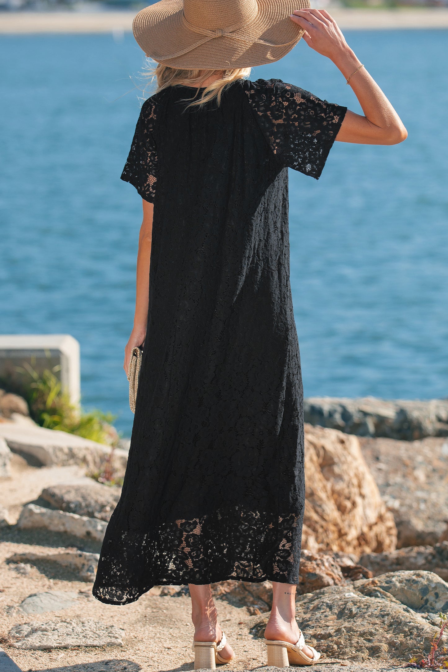 Women's Black Floral Lace Overlay Short Sleeve Summer Maxi Dress