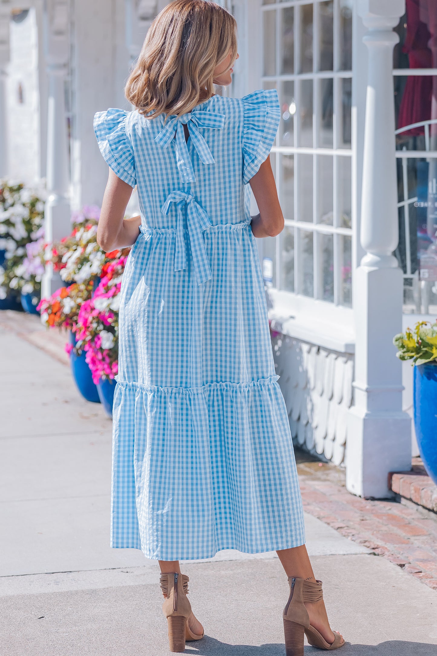 Women's Blue Knot Back Ruffled Short Sleeve Summer Maxi Dress