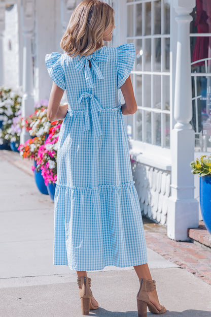 Women's Blue Knot Back Ruffled Short Sleeve Summer Maxi Dress