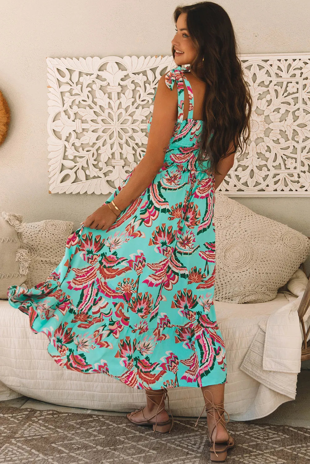 Green Abstract Smocked Maxi Dress with Knotted Straps